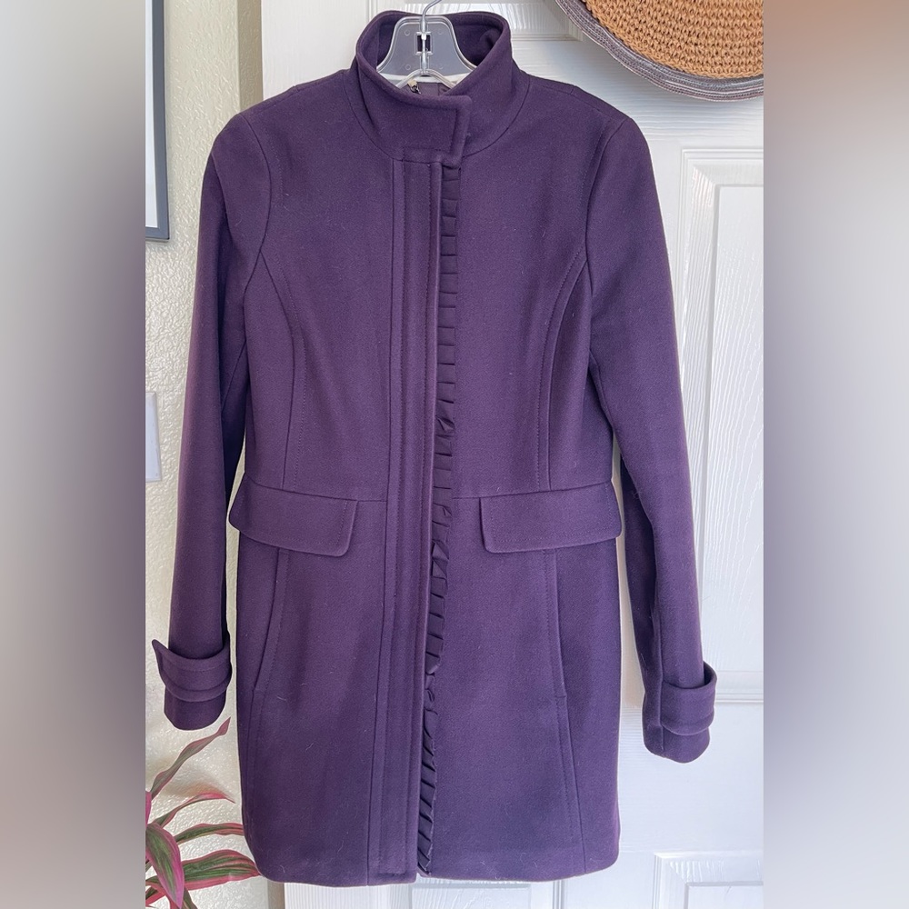 Banana Republic Royal Purple Wool Pea Coat Ruffle Detail Size XS - Picture 2 of 7